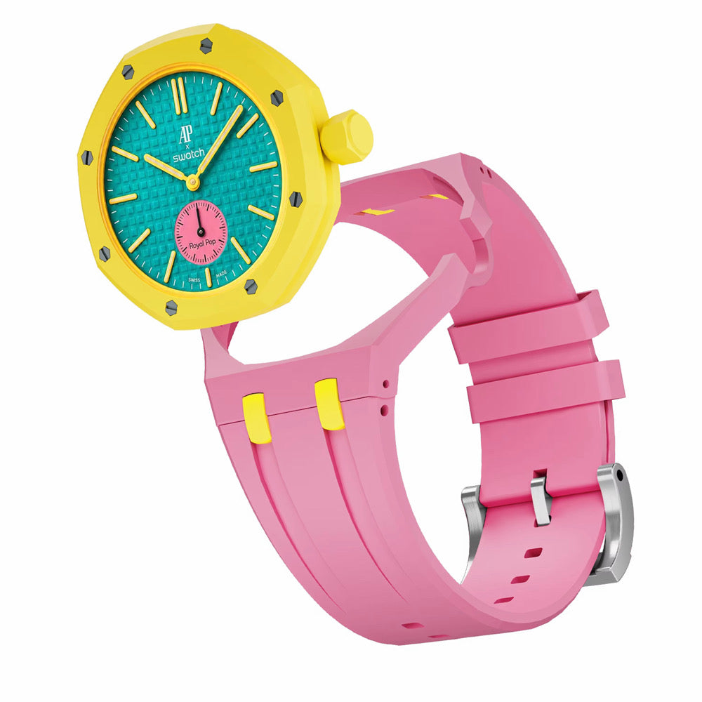 Bracelet en caoutchouc pour AP x Swatch Royal Pop Rose/accent jaune