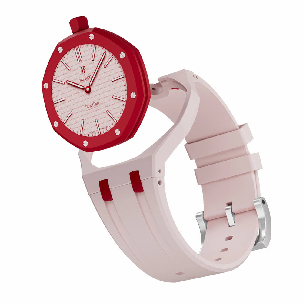 Bracelet en caoutchouc pour AP x Swatch Royal Pop rose blanc/avec accent de rouge